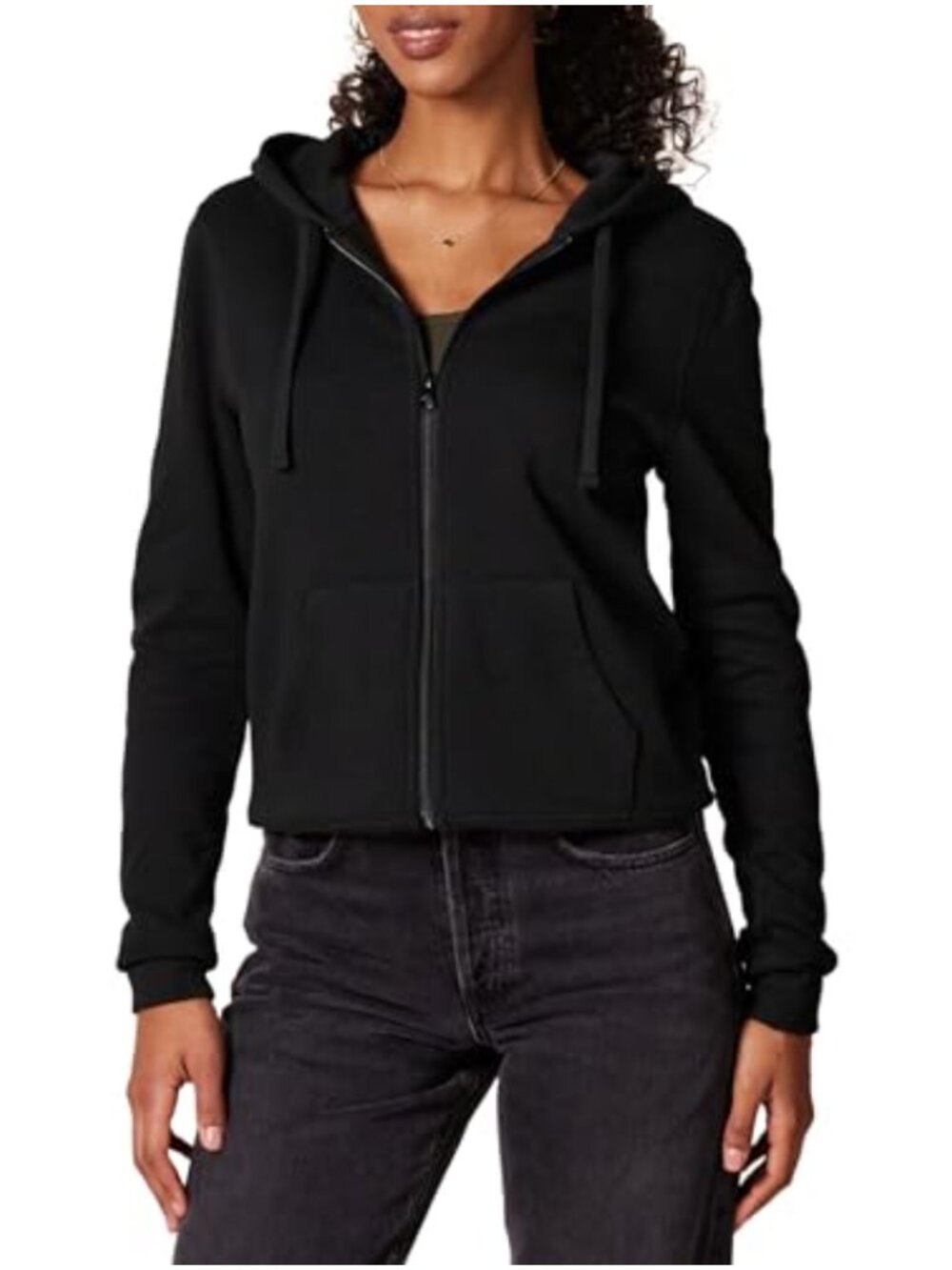 French Terry Fleece Full-Zip Hoodie Kangaroo Pocket Ribbed Cuffs